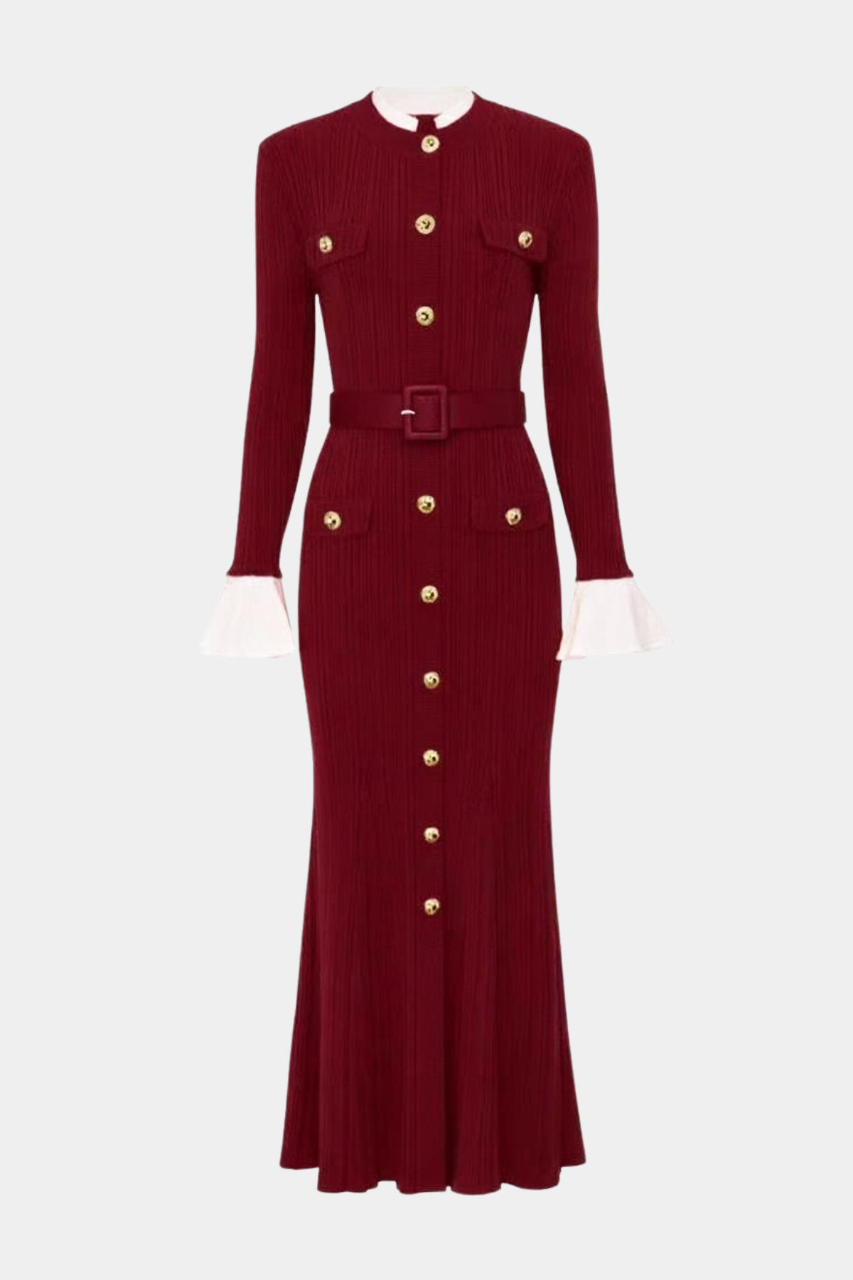 Alioth Ribbed Belted Knit Midi Dress -Wine