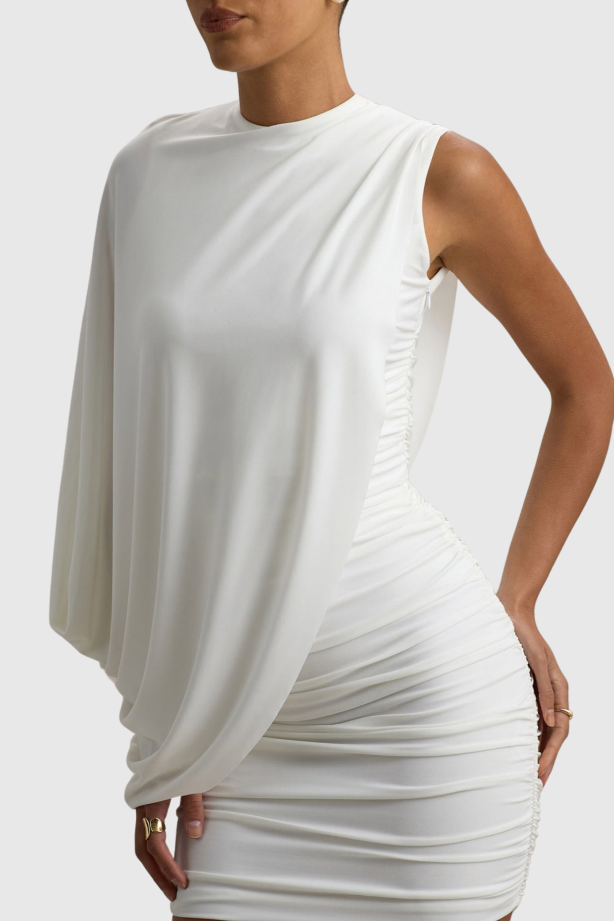 Jago Asymmetric Shawl One Shoulder Ruched Mini Dress - White