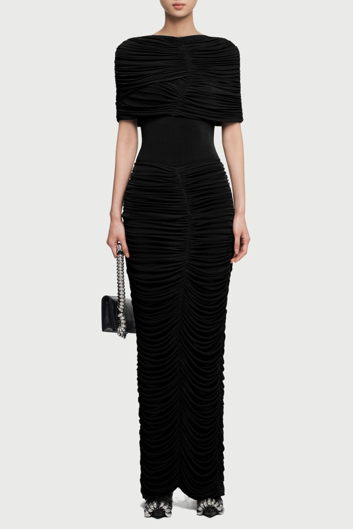 Kamyra Symmetrical Draped Shoulder Maxi Dress - Black