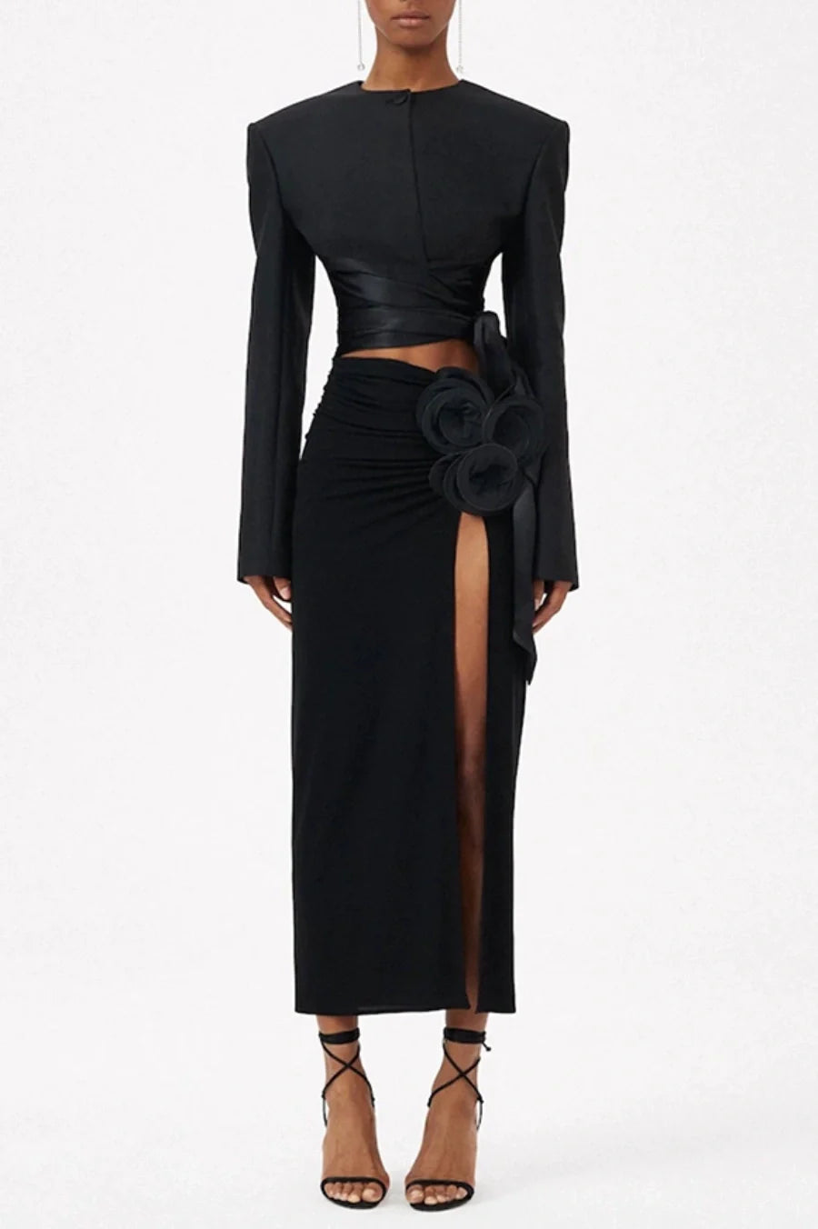 Maelie Bow Detail Satin Crop Blazer - Black