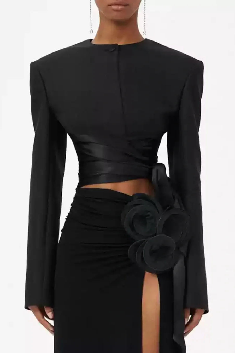 Maelie Bow Detail Satin Crop Blazer - Black