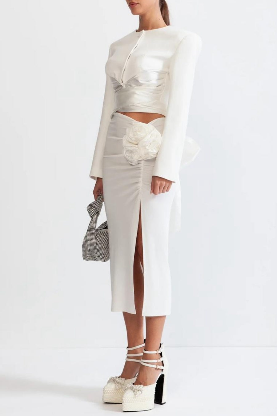 Maelie Bow Detail Satin Crop Blazer - White