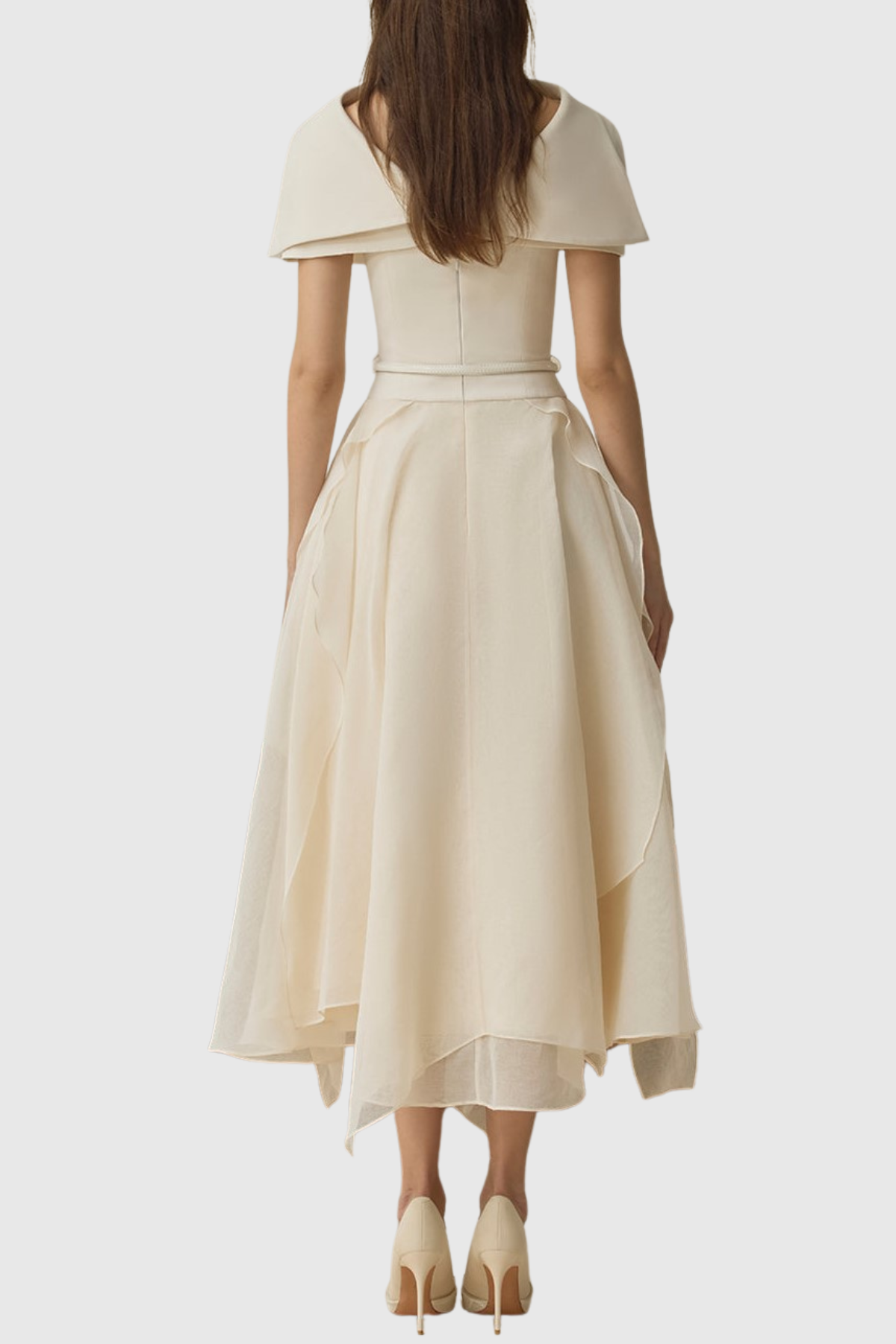 Zeke Asymmetrical Shawl Tulle Ruffle Midi Dress