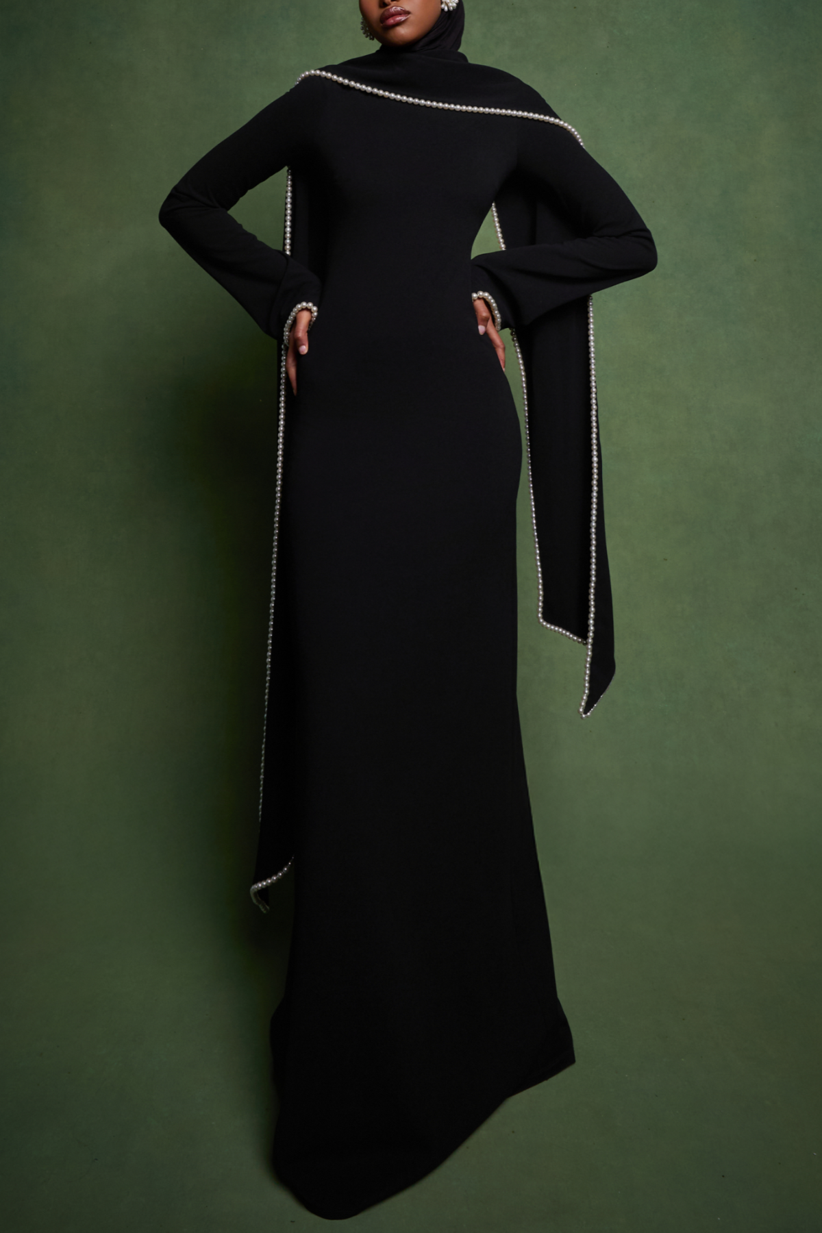 Zisel Pearl Trim Shawl Maxi Dress - Black