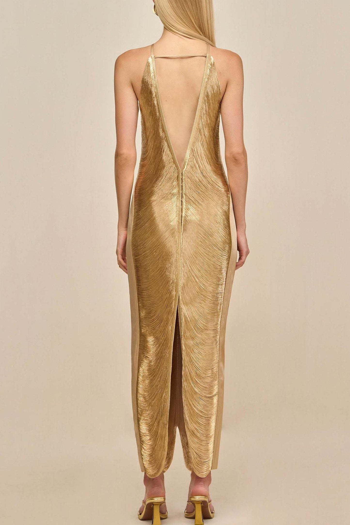 Veroty Halter Fringe Maxi Dress - Gold