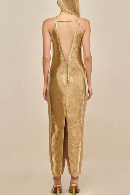 Veroty Halter Fringe Maxi Dress - Gold