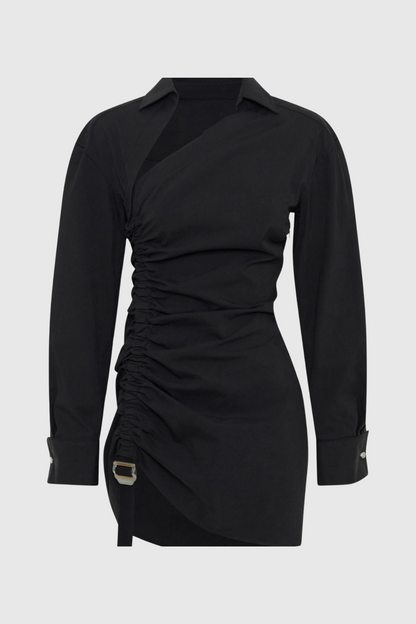Adamar Asymmetric Buckle Ruched Mini Shirt Dress