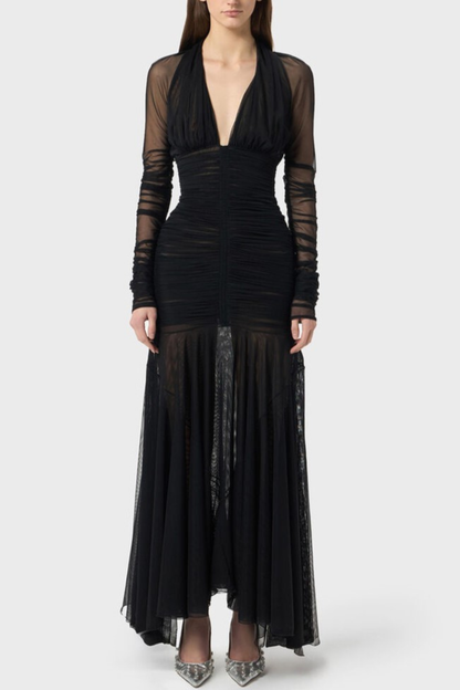 Ailana V-Neck Ruched Tulle Maxi Dress