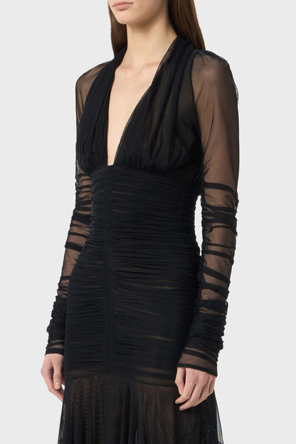 Ailana V-Neck Ruched Tulle Maxi Dress