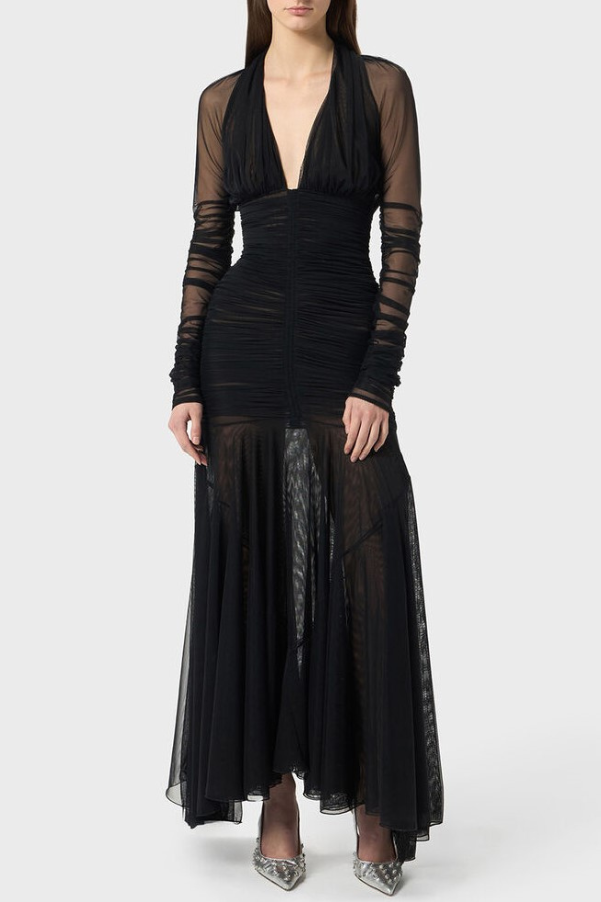 Ailana V-Neck Ruched Tulle Maxi Dress