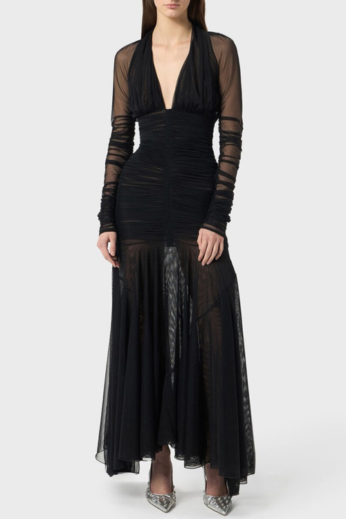 Ailana V-Neck Ruched Tulle Maxi Dress