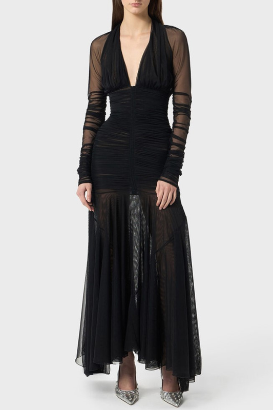 Ailana V-Neck Ruched Tulle Maxi Dress