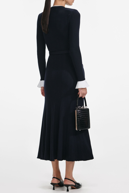Alioth Ribbed Belted Knit Midi Dress - Navy