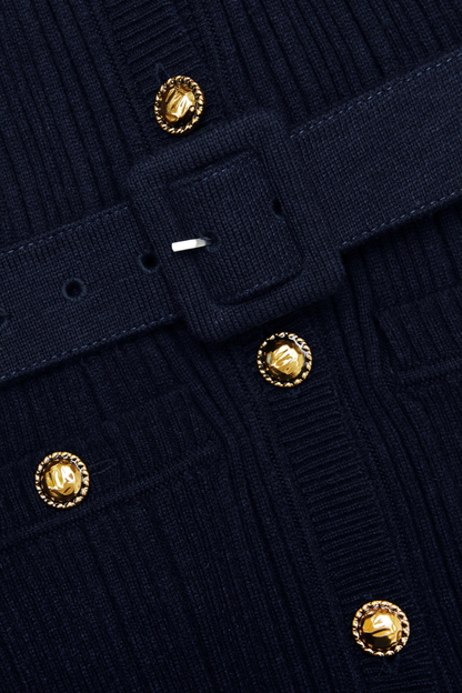 Alioth Ribbed Belted Knit Midi Dress - Navy