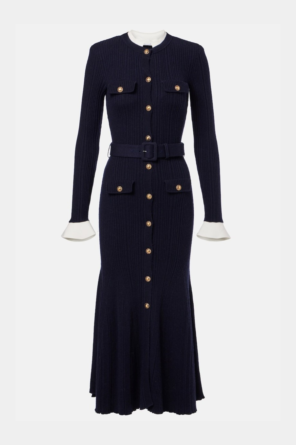 Alioth Ribbed Belted Knit Midi Dress - Navy