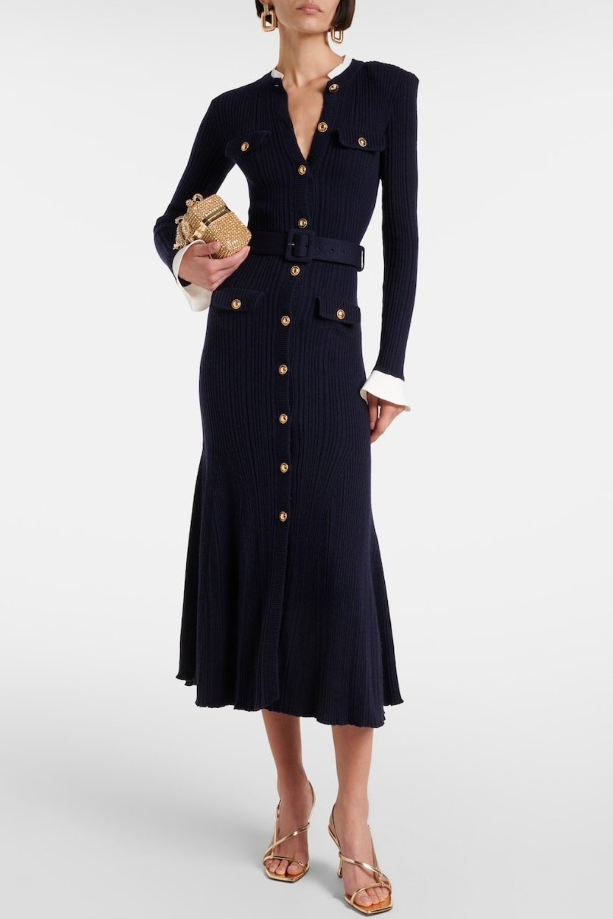 Alioth Ribbed Belted Knit Midi Dress - Navy