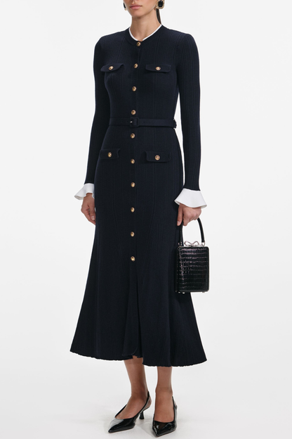 Alioth Ribbed Belted Knit Midi Dress - Navy