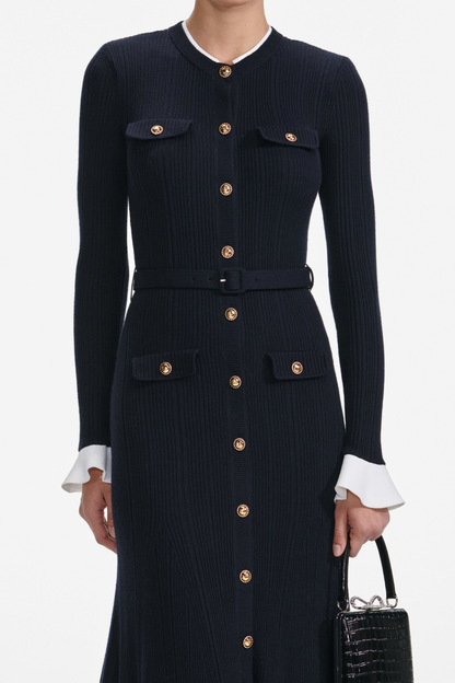Alioth Ribbed Belted Knit Midi Dress - Navy