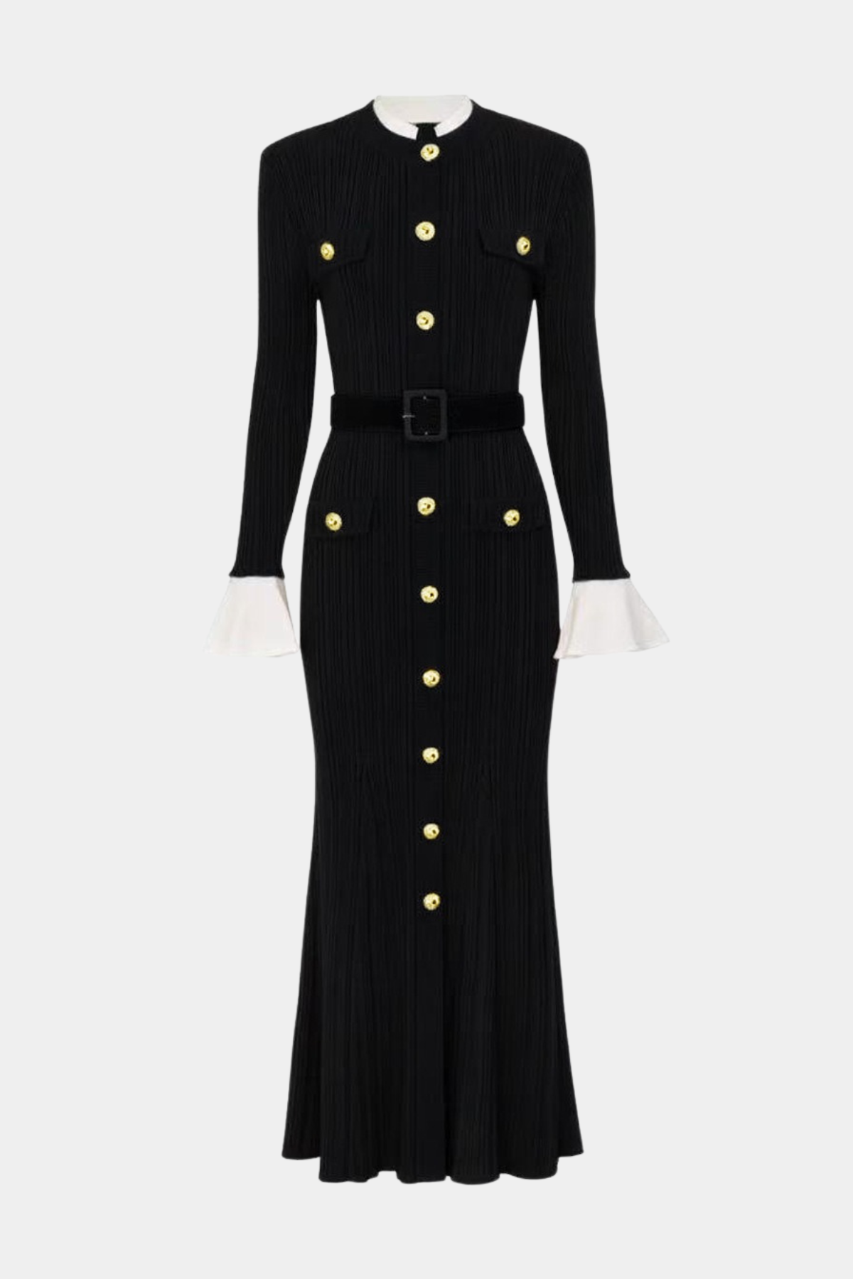 Alioth Ribbed Belted Knit Midi Dress -Black