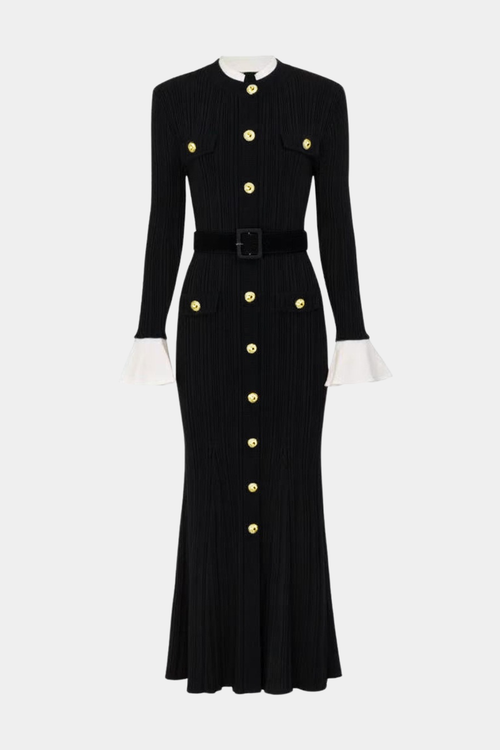 Alioth Ribbed Belted Knit Midi Dress -Black