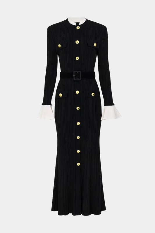 Alioth Ribbed Belted Knit Midi Dress -Black