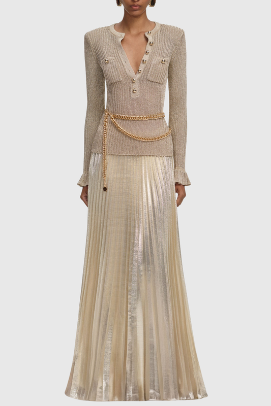 Alisha Ribbed Knit Pleated Maxi Dress