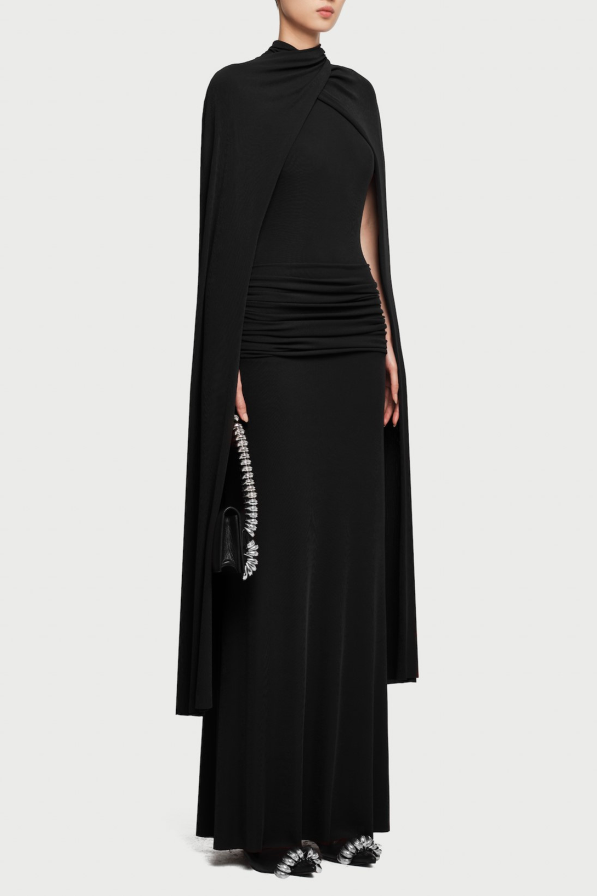 Amalia Ruched Shawl Maxi Dress - Black