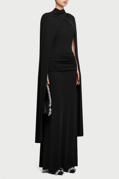 Amalia Ruched Shawl Maxi Dress - Black