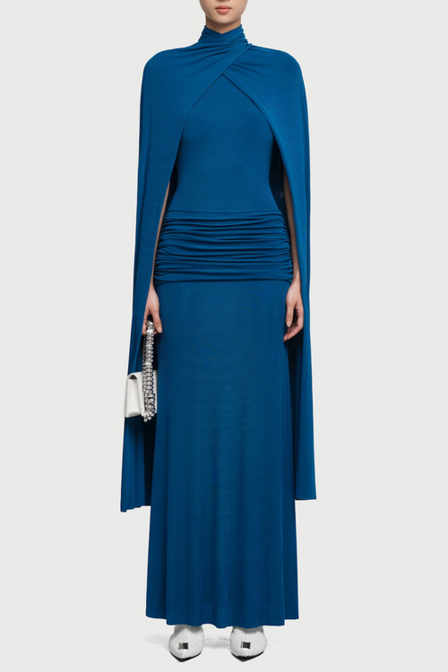 Amalia Ruched Shawl Maxi Dress - Navy