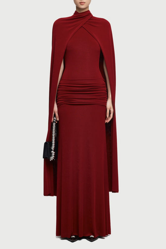 Amalia Ruched Shawl Maxi Dress - Wine
