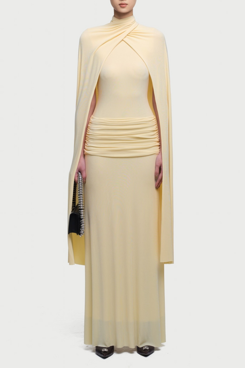 Amalia Ruched Shawl Maxi Dress - Yellow