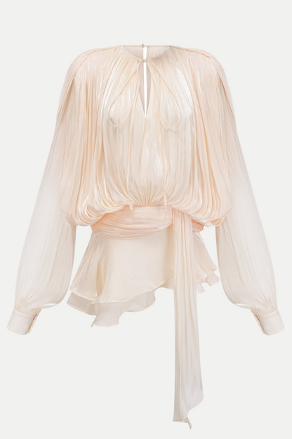 Anzay Pleated Ruffled Hem Mini Dress - Beige