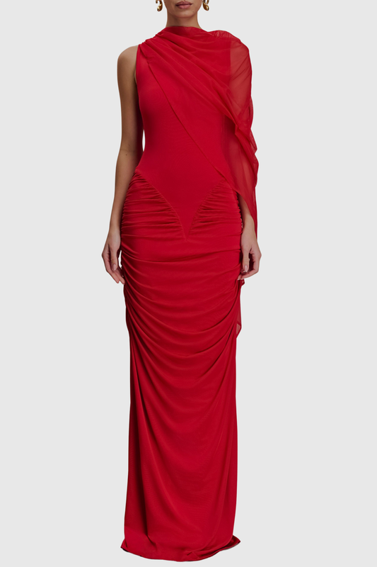 Arta Asymmetrical Ruched Maxi Dress - Red