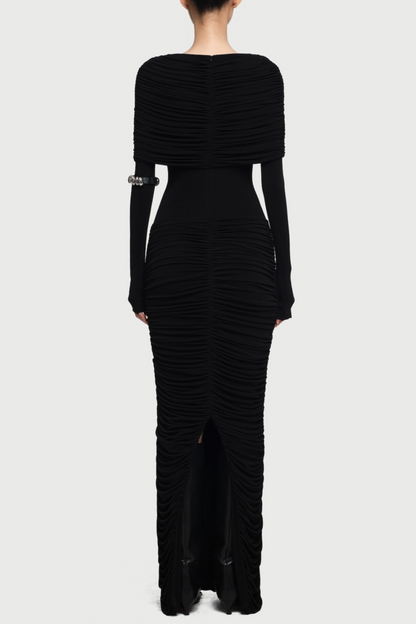Birdya Symmetrical Draped Shoulder Maxi Dress - Black