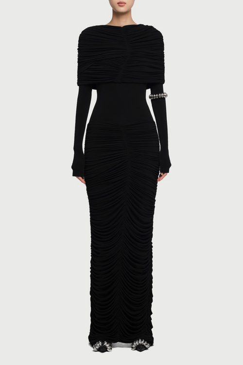 Birdya Symmetrical Draped Shoulder Maxi Dress - Black