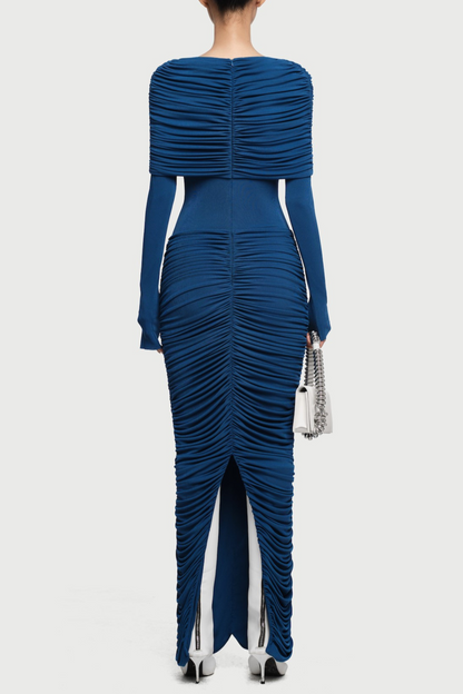 Birdya Symmetrical Draped Shoulder Maxi Dress - Navy