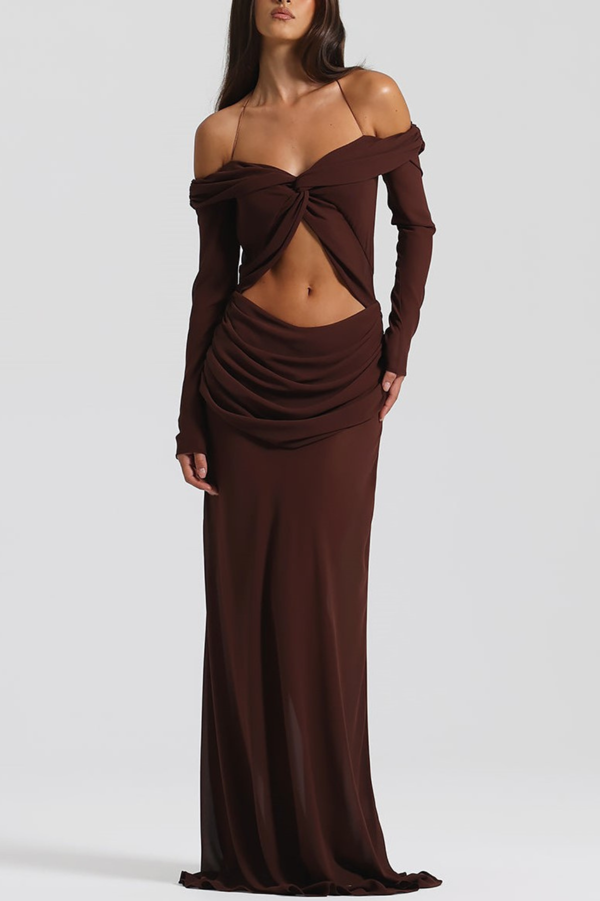 Burra Off Shoulder Knot Cutout Maxi Dress - Brown