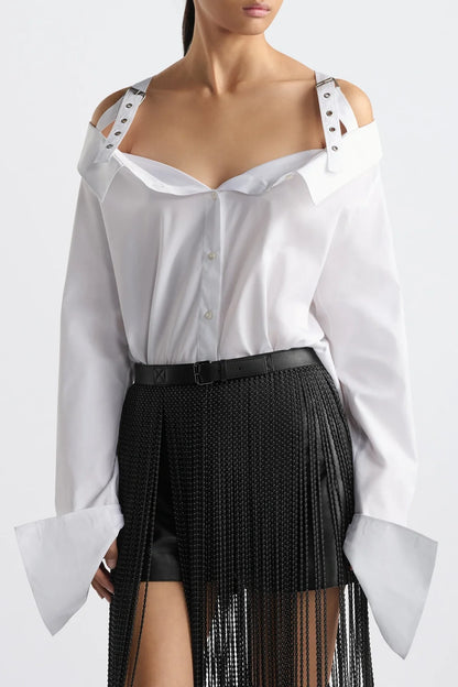 Charlize Off Shoulder Buckle Shirt - White