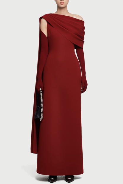 Chesley Asymmetrical Draped Flap Maxi Dress - Red