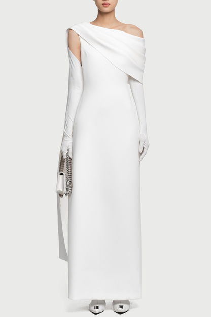 Chesley Asymmetrical Draped Flap Maxi Dress - White