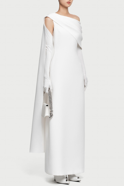 Chesley Asymmetrical Draped Flap Maxi Dress - White