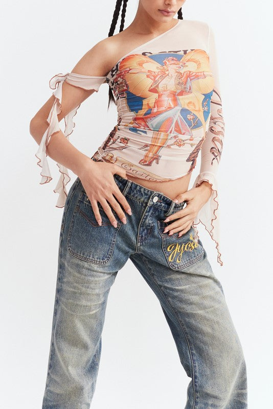 Cilla Asymmetric Printed Mesh Top - Beige