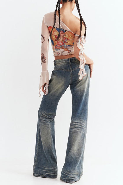 Cilla Asymmetric Printed Mesh Top - Beige