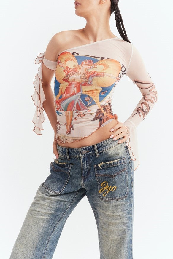 Cilla Asymmetric Printed Mesh Top - Beige