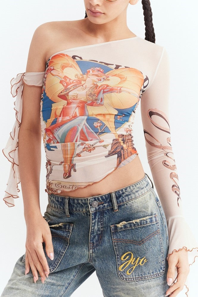 Cilla Asymmetric Printed Mesh Top - Beige