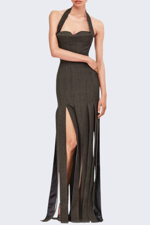 Daira Halter Unstitched Ribbons Maxi Dress