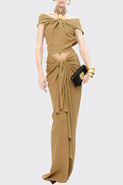 Dalary Halter Twisted Skirt Two Piece Set - Khaki