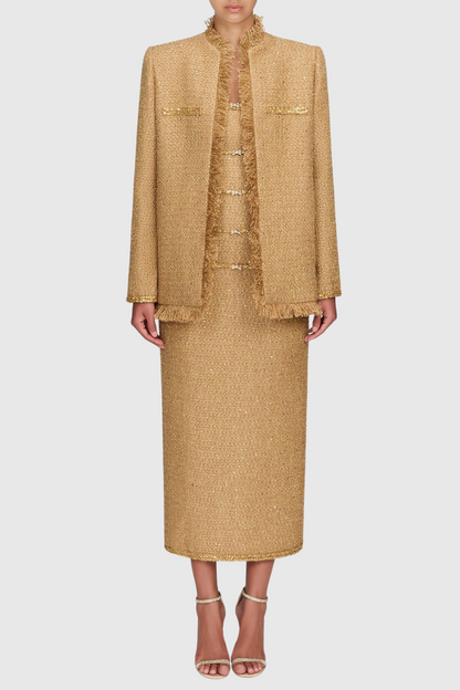 Elborno Gold Embellished Strapless Midi Dress