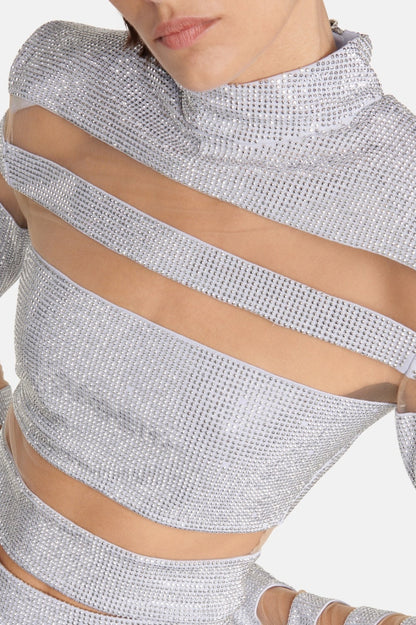 Elysia Mesh-paneled Crystal Embellished Top - Silver