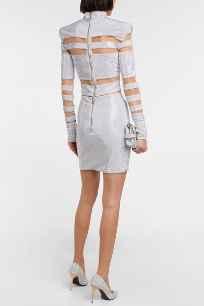Elysia Mesh-paneled Crystal Embellished Top - Silver